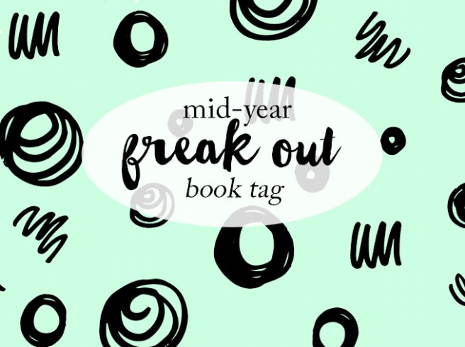 The text 'mid-year freak out book tag' over a pastel green background with various squiggles and scribbles.
