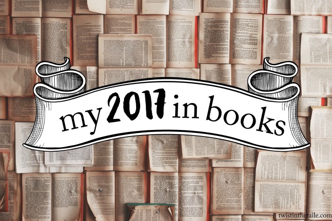 Background of many open books, with the title 'My 2017 in Books' written on a banner.