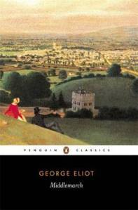 Cover of Middlemarch by George Eliot. Painting of an old-timey British countryside and village with two people in the foreground. A black panel at the bottom with the title and author.