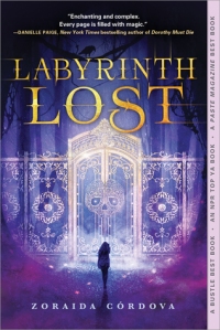 Cover of Labyrinth Lost. The silhouette of a figure standing before gates with a skull on.