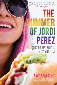 Cover of The Summer of Jordi Perez. Photo of a girl with pink hair and sunglasses eating a burger.