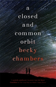 Cover of A Closed and Common Orbit. Two silhouettes looking up at a red and white star-streaked sky.