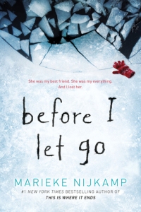 Cover of Before I Let Go. A photo of ice which is broken at the top. A red glove lies next to the broken ice.