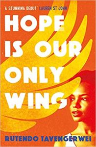 Cover of Hope is Our Only Wing. Illustration of a yellow wing next to an orange-tinted photo of a person's face looking outwards. The title is in large block letters.