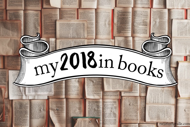 The text 'My 2018 in books' on an old-fashioned illustrated banner, over a spread of open books.