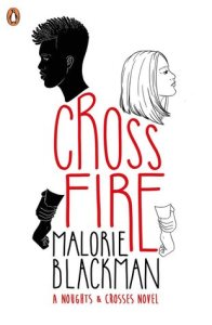 Cover of Crossfire. A blac figure with short hair and a white figure with long hair stand back to back. Their shirts are made up of the title letters in red.